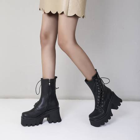Autumn And Winter Lace Up Chunky High-Heeled Platform Ladies Short Boots Martin Boots - Free Shipping - aurelia-clothing-8955