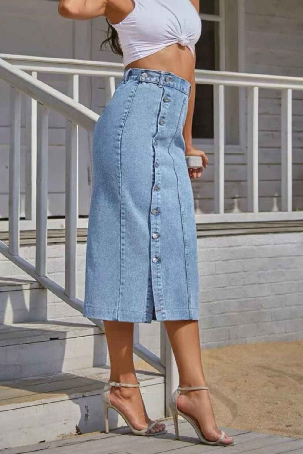 Button Fly Split Denim Skirt - aurelia-clothing-8955