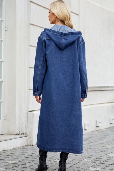 Button Up Long Sleeve Longline Hooded Denim Outerwear - aurelia-clothing-8955