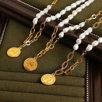 Coin pendant Pearl Titanium Steel Necklace - aurelia-clothing-8955