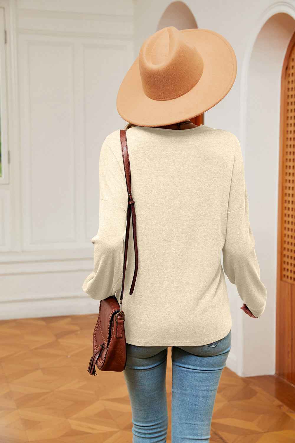Contrast V-Neck Long Sleeve Blouse - aurelia-clothing-8955