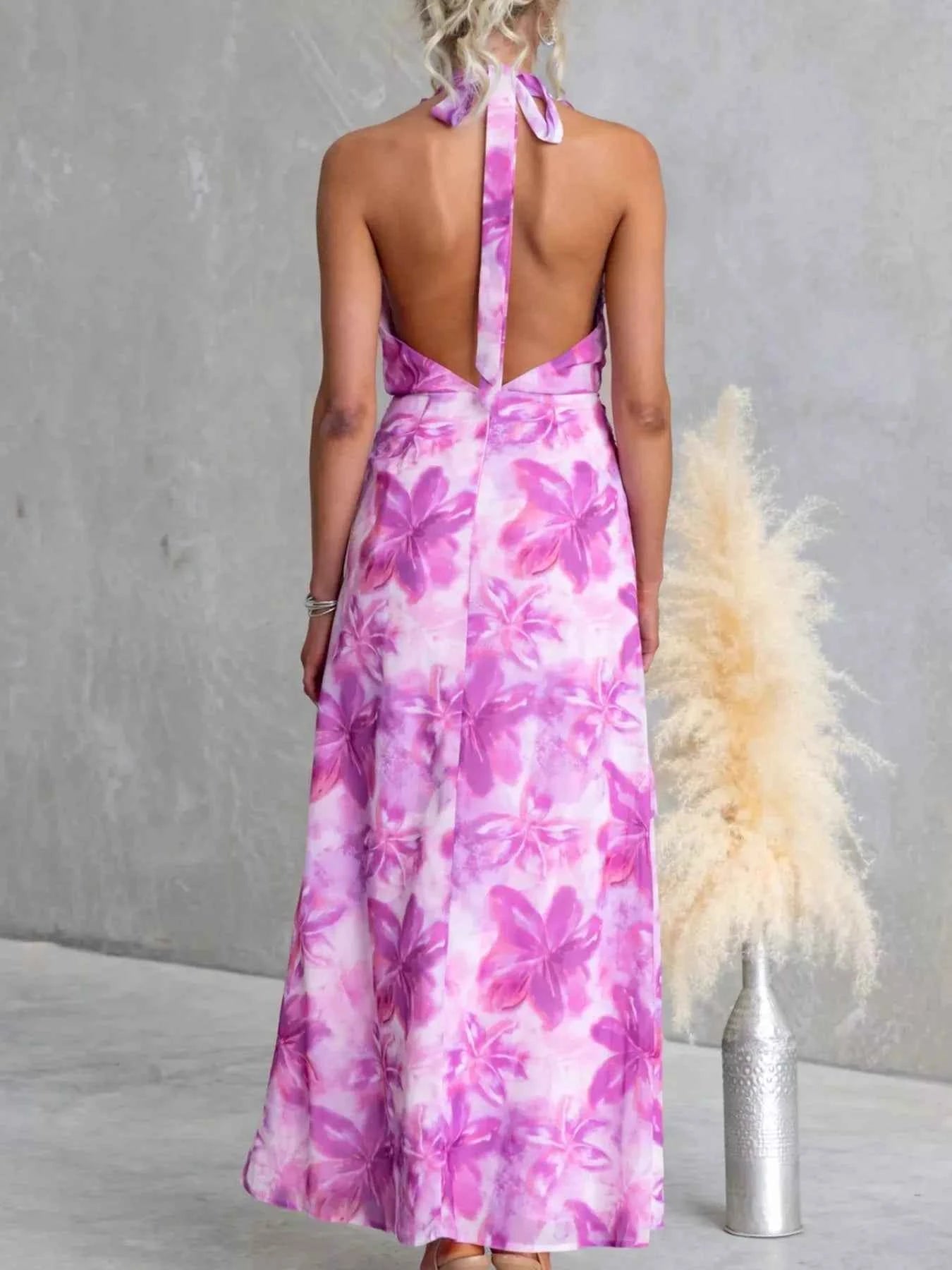 Floral Print Ruffle Halter Neck Maxi Dress-Free Shipping - aurelia-clothing-8955