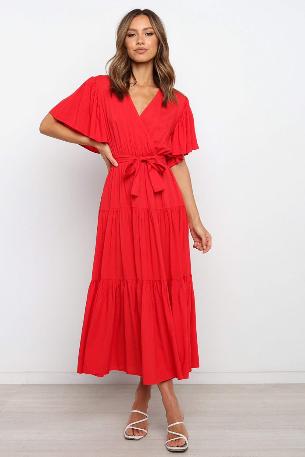 Front Tie Short Sleeve Tiered Midi Dress - aurelia-clothing-8955