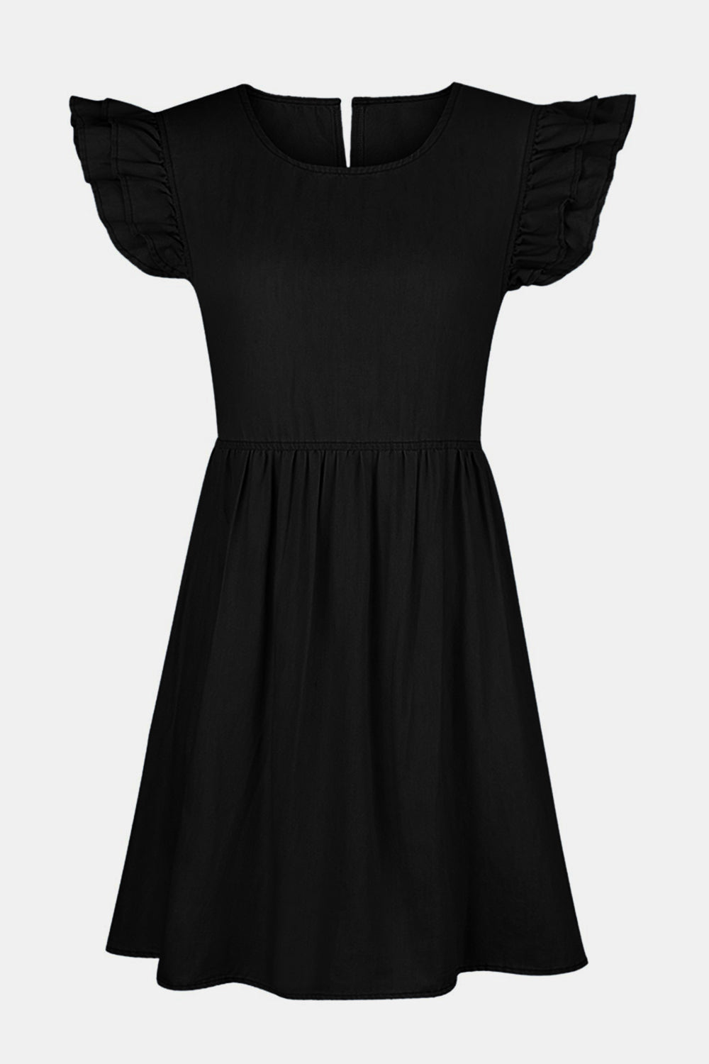 Full Size Ruffled Round Neck Cap Sleeve Denim Dress - aurelia-clothing-8955