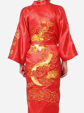 Hot Sale Burgundy Chinese Men Silk Satin Robe Novelty Traditional Embroidery Dragon Kimono Yukata Bath Gown Size M L XL XXL XXXL - aurelia-clothing-8955