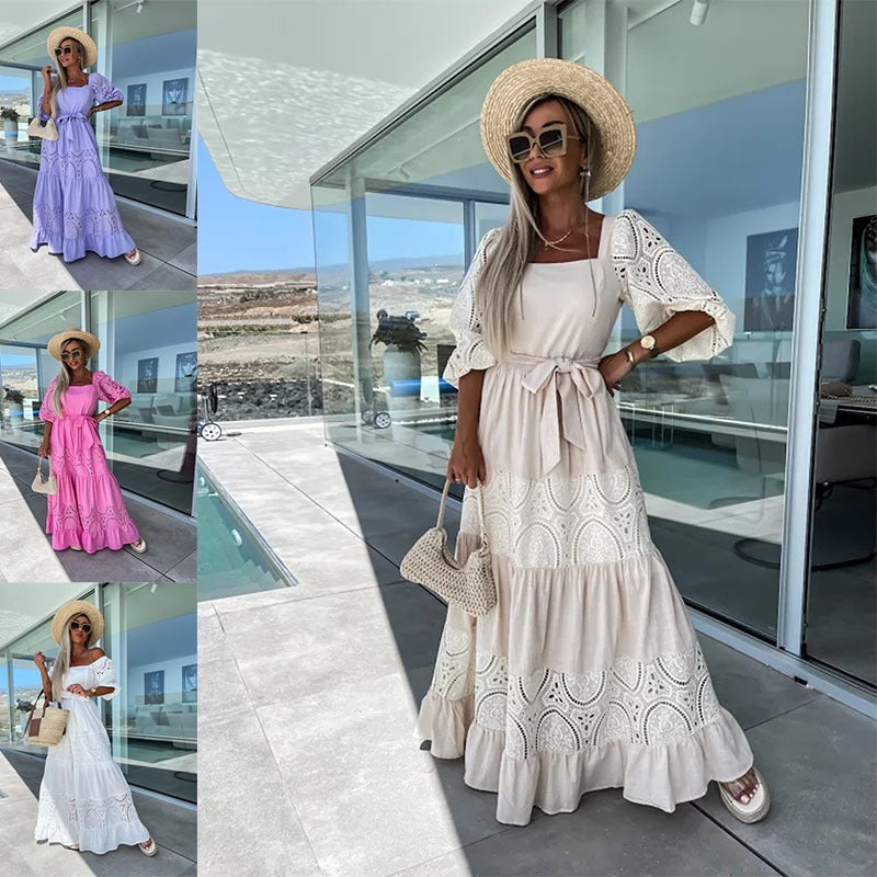 Lace patchwork dress with waistband tie up for women - Free Shipping - aurelia-clothing-8955