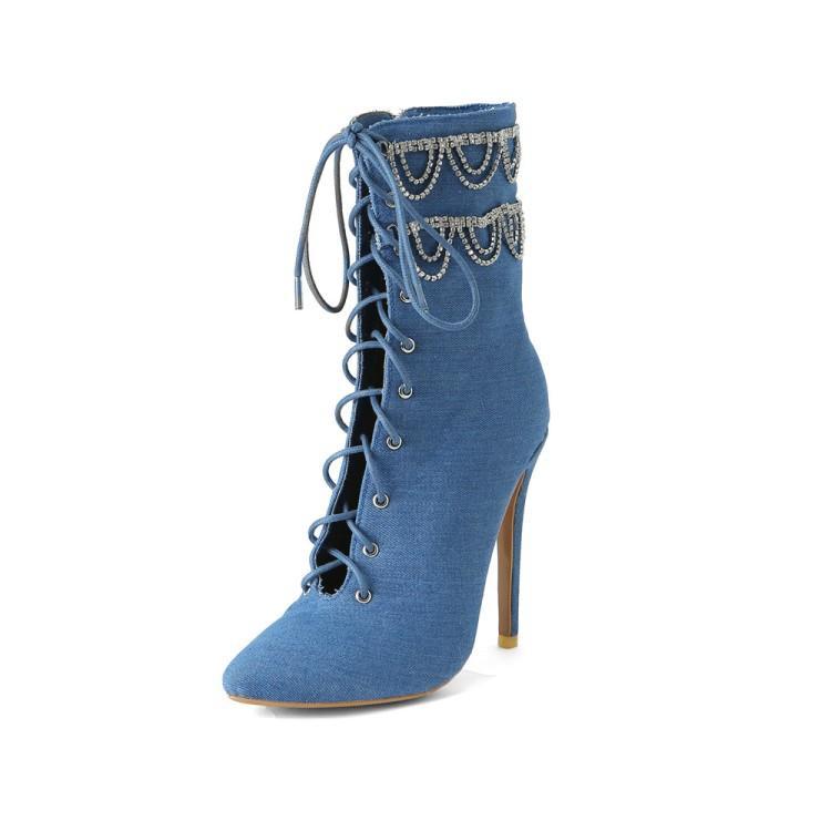 Large Size Rhinestone Chain Stiletto Pointed Toe Womens Ankle Boots - Free Shipping - aurelia-clothing-8955