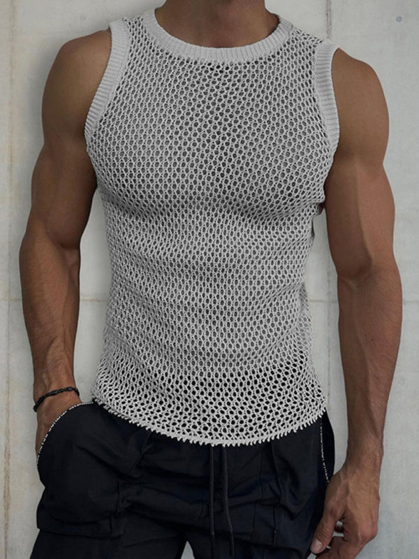 Mens Solid Color Round Neck Sleeveless Hollow Knitted Vest - Free Shipping - aurelia-clothing-8955