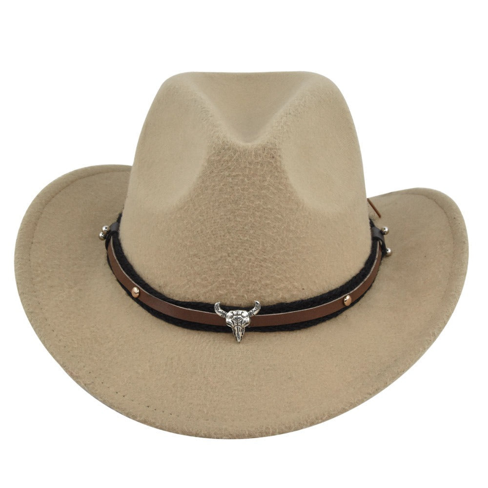 New European and American Cowhead Western Denim Hat Woolen British Jazz Hat Mens and Womens Famous Ethnic Style Big Eaves Hat - Free Shipping - aurelia-clothing-8955