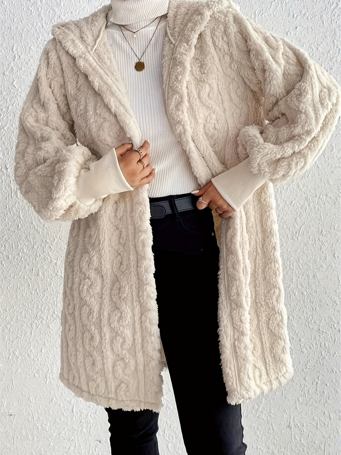 Open Front Long Sleeve Fuzzy Hooded Jacket - aurelia-clothing-8955