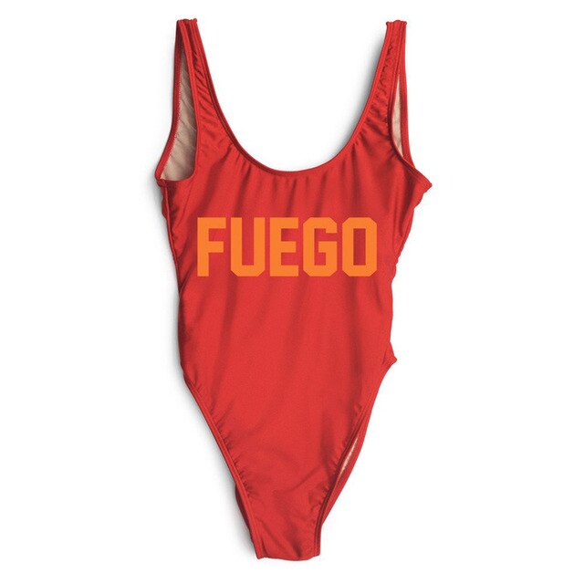 Orange FUEGO Print Letter One Piece Swimsuit Sexy Swimwear Beach Bathing Suit - Free Shipping - aurelia-clothing-8955