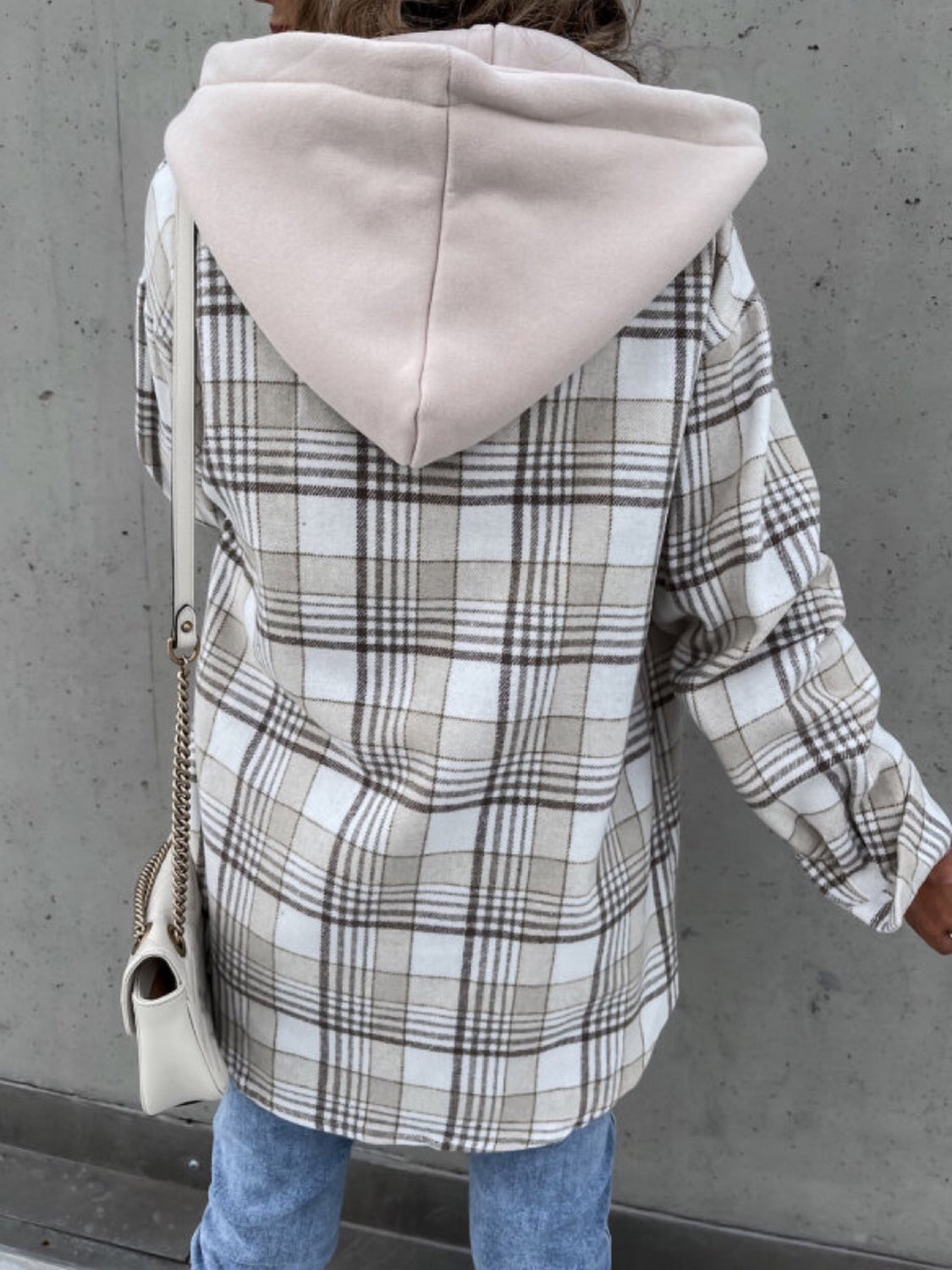 Plaid Button Up Jacket with Removable Hood - aurelia-clothing-8955
