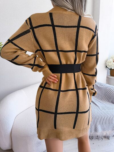 Plaid Round Neck Dropped Shoulder Sweater Dress - aurelia-clothing-8955