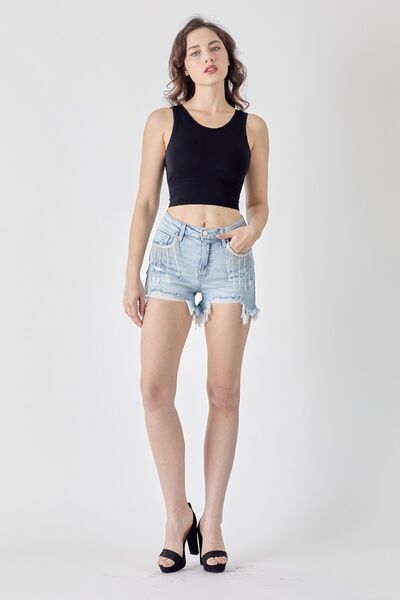 RISEN Frayed Hem Denim Shorts with Fringe Detail Pockets - aurelia-clothing-8955