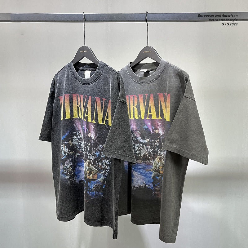 Retro washed and distressed band printed T-shirt for men and women couple Oversize short sleeved - Free Shipping - aurelia-clothing-8955