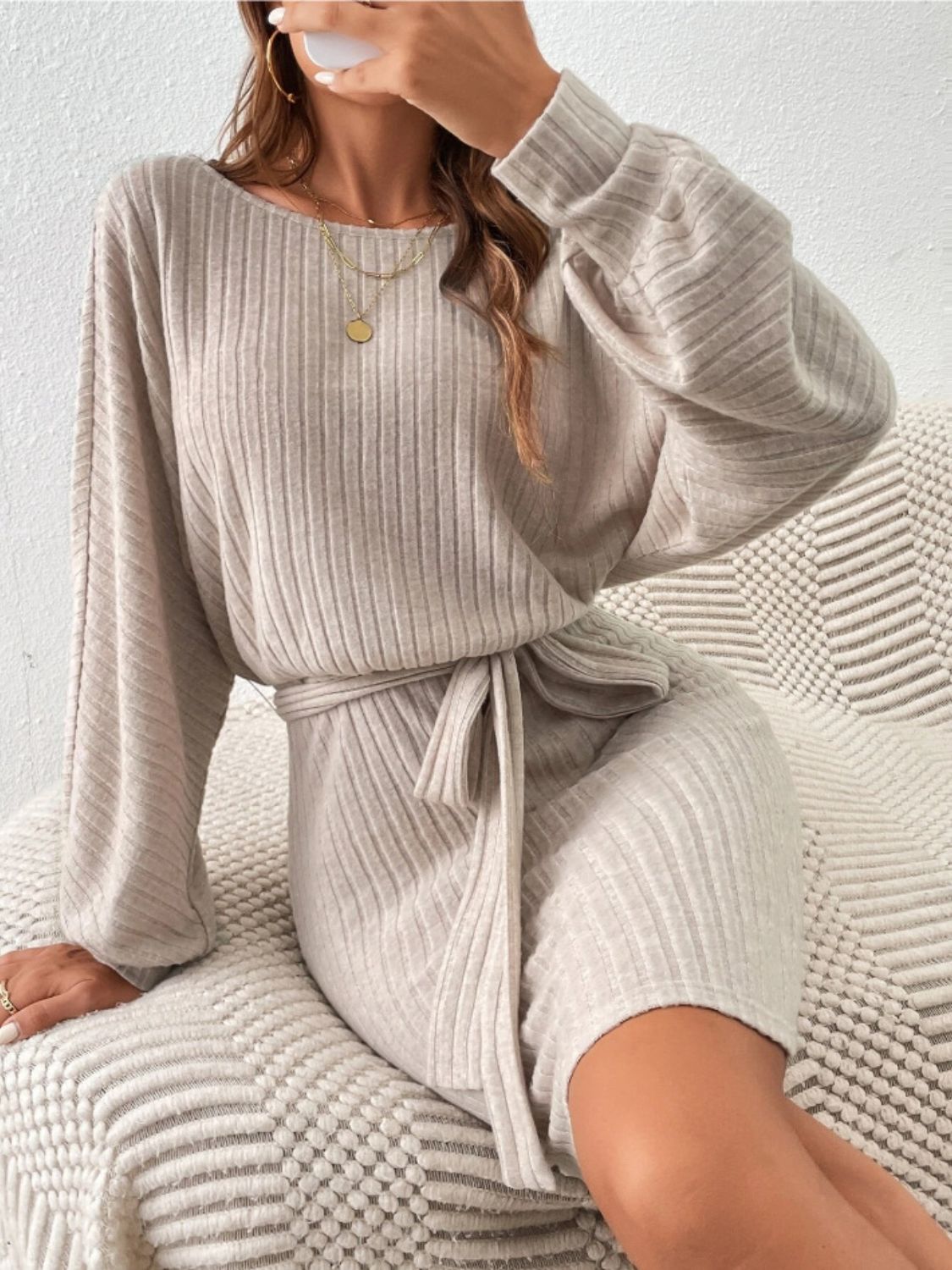 Round Neck Tie Waist Long Sleeve Mini Dress - Free Shipping - aurelia-clothing-8955