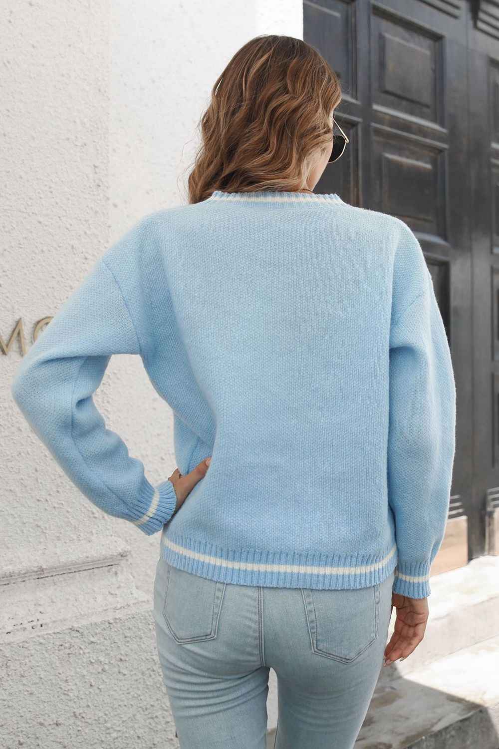 Skeleton Pattern V-Neck Long Sleeve Pullover Sweater - aurelia-clothing-8955