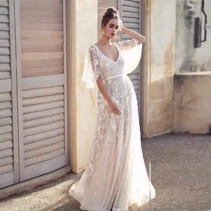 SpringSummer New Womens Deep V Mid length Dress Lace Backless Evening Dress - Free Shipping - aurelia-clothing-8955