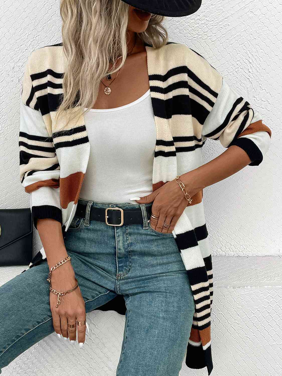 Striped Open Front Drop Shoulder Cardigan - Free Shipping - aurelia-clothing-8955