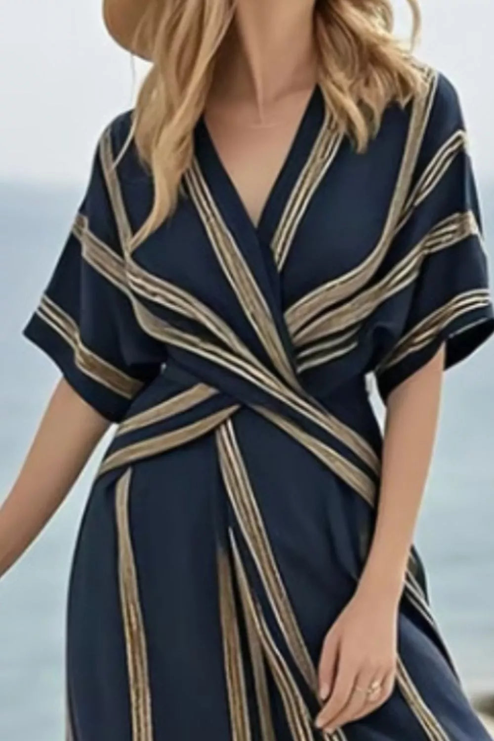 Striped Wrap Half Sleeve Maxi Dress-Free Shipping - aurelia-clothing-8955