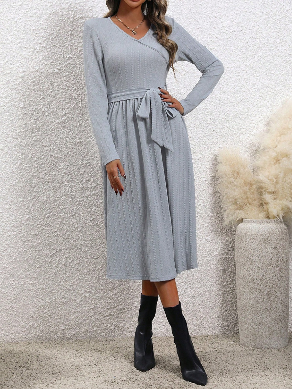 Surplice Tie Waist Long Sleeve Midi Dress - Free Shipping - aurelia-clothing-8955