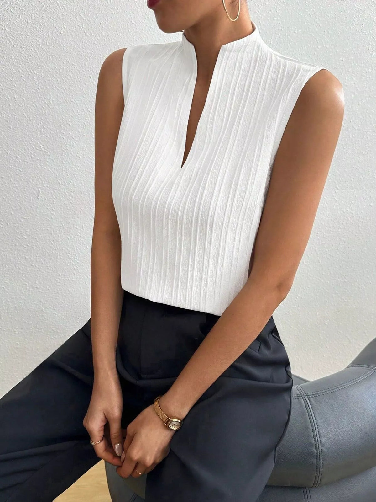 Texture Notched Sleeveless Top-Free Shipping - aurelia-clothing-8955