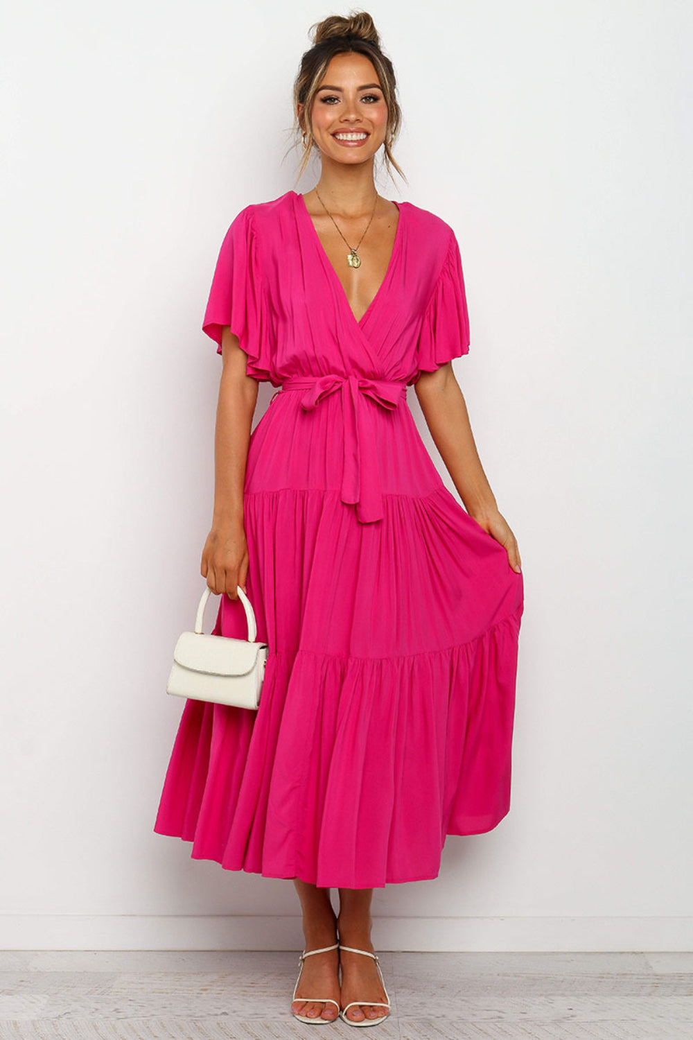 Tied Tiered Short Sleeve Midi Dress - Aurelia Clothing