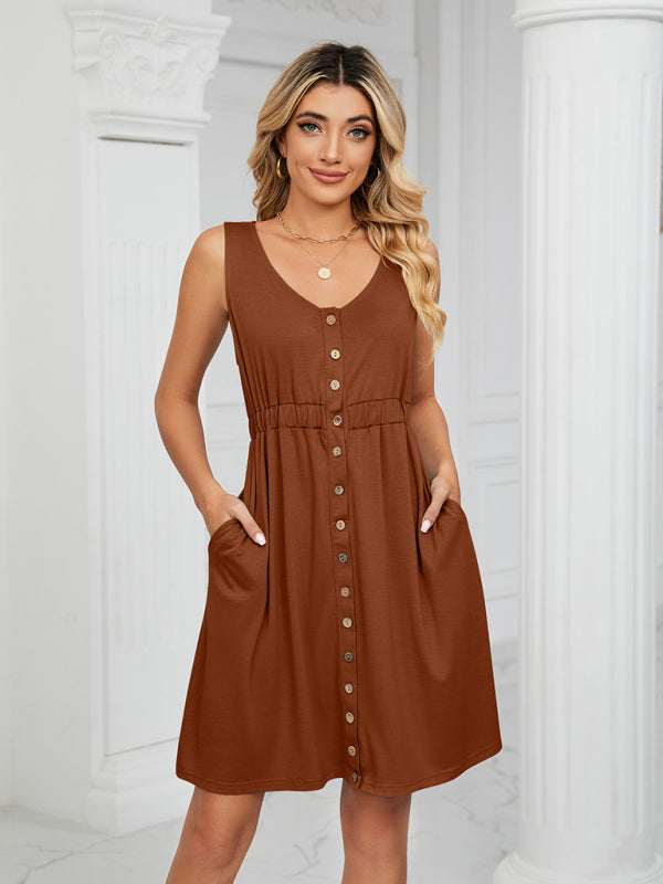 Womens Knitted Sleeveless Button Pocket Round Neck Slit Waist Dress - Free Shipping - aurelia-clothing-8955