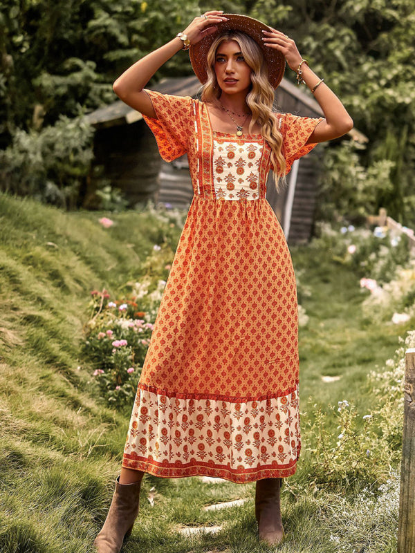 Womens Neck Bohemian Short Sleeve Midi Dress-Free Shipping - aurelia-clothing-8955