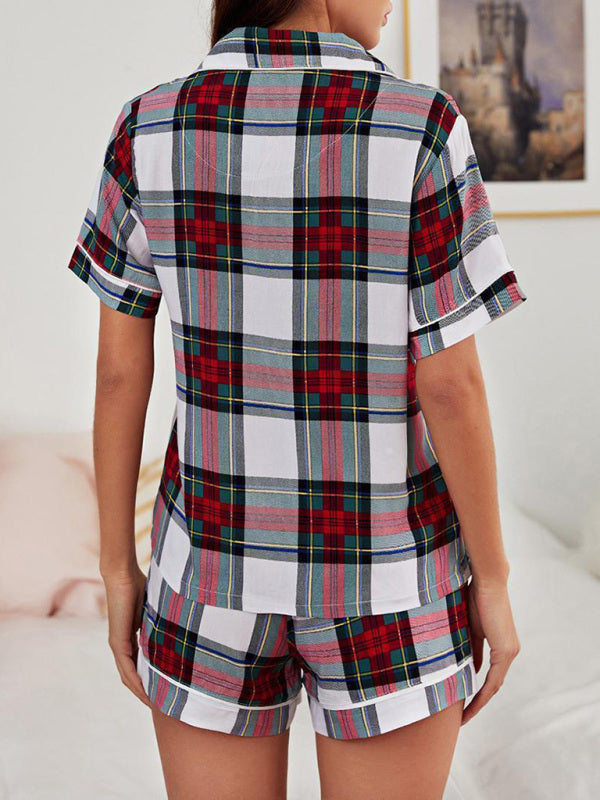 Womens Plaid Short Sleeve Shorts Homewear Set - Free Shipping - aurelia-clothing-8955