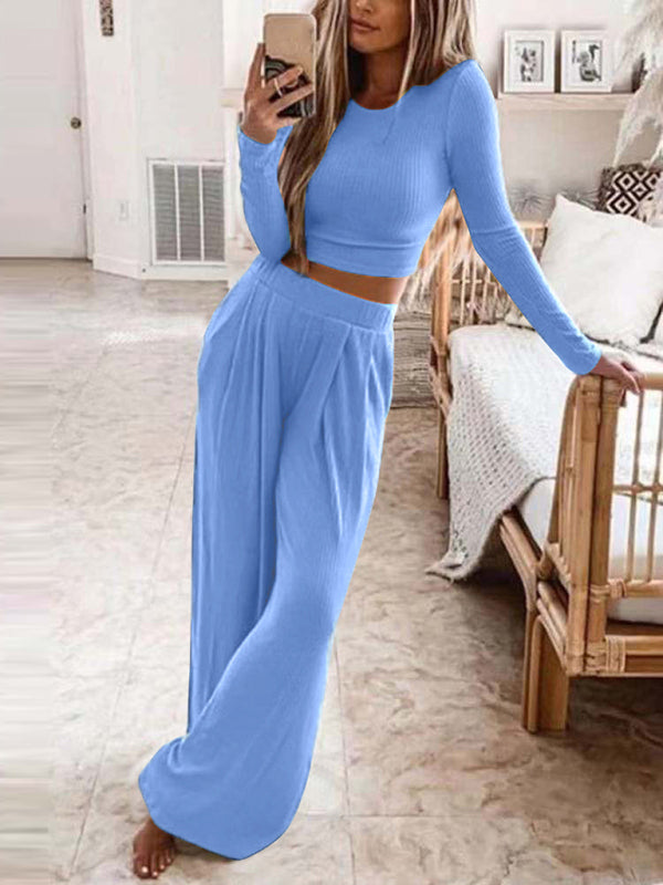 Womens Solid Color Knitted Casual Home Two-Piece Suit - Free Shipping - aurelia-clothing-8955