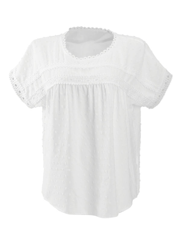 Womens new round neck pullover short sleeve lace top - Free Shipping - aurelia-clothing-8955
