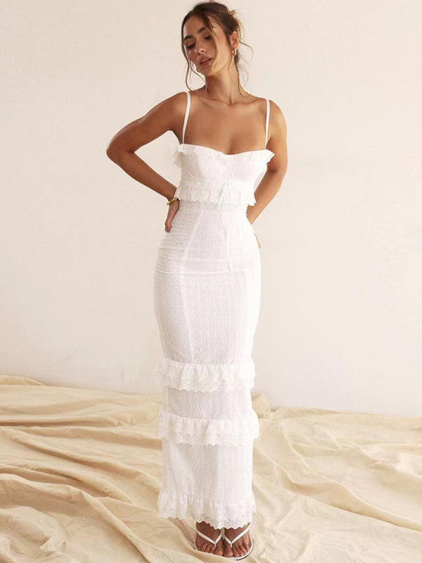 Womens new sexy dress white hook-and-loop suspender long skirt slim French dress - Free Shipping - aurelia-clothing-8955