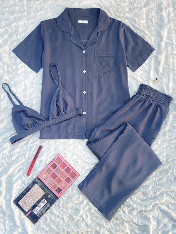 Womens solid color knitted casual pajamas three-piece set - Free Shipping - aurelia-clothing-8955