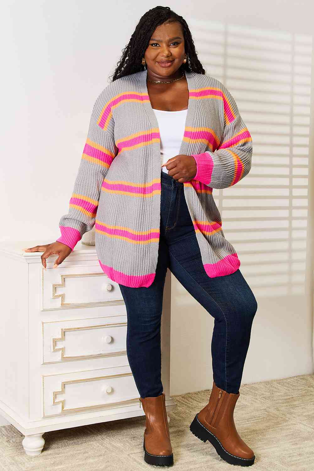 Woven Right Ribbed Long Sleeve Cardigan - aurelia-clothing-8955