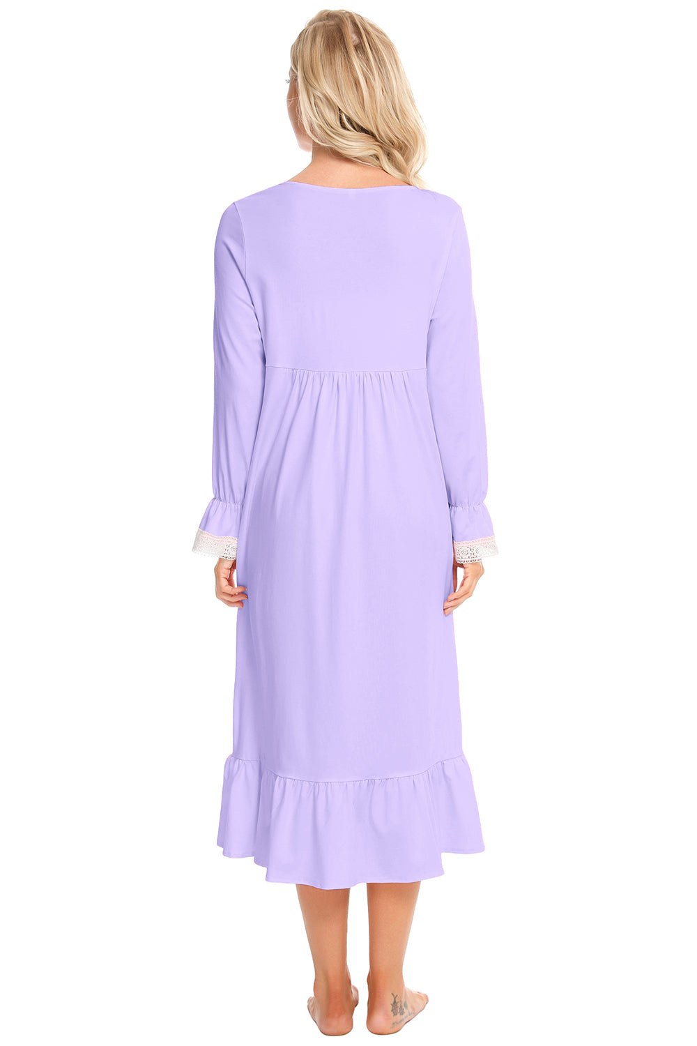 Lace Detail Square Neck Flounce Sleeve Night Dress - aurelia-clothing-8955