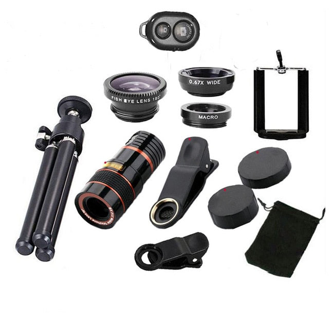 10 in 1 Kits 12x Zoom Telephoto Lens Fish eye Lens Wide Angle Macro Lenses Cell Phone Mobile Tripod - Free Shipping - aurelia-clothing-8955
