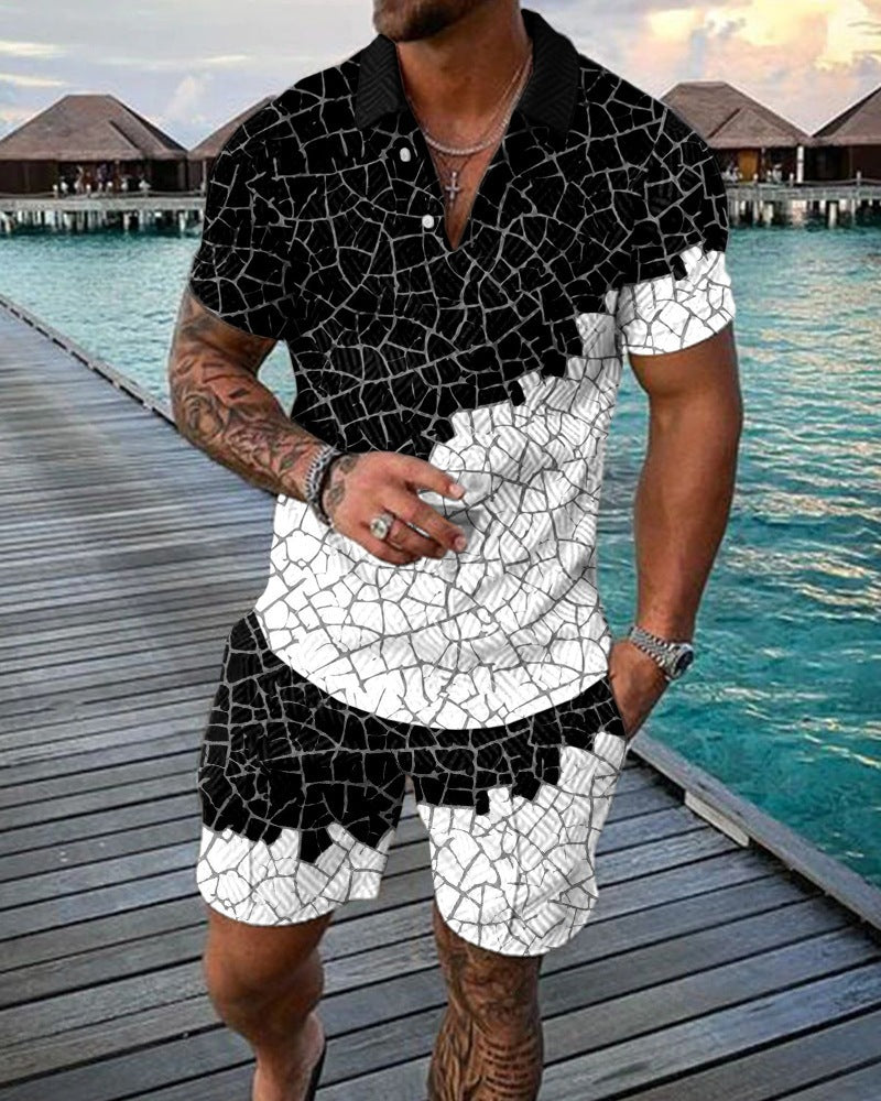 New Men's Fashion Casual Suit 3D Print Zip Short Sleeve Polo Shirt Shorts 2 Piece Set - Free Shipping - Aurelia Clothing