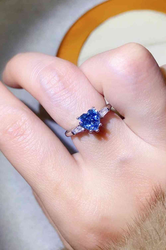 1 Carat Moissanite Heart-Shaped Platinum-Plated Ring in Blue - aurelia-clothing-8955
