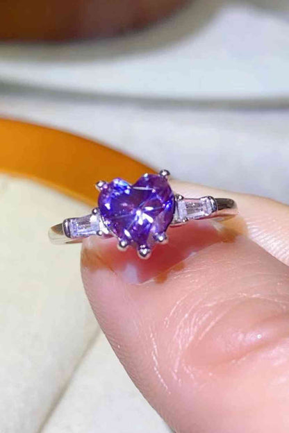 1 Carat Moissanite Heart-Shaped Platinum-Plated Ring in Purple - aurelia-clothing-8955
