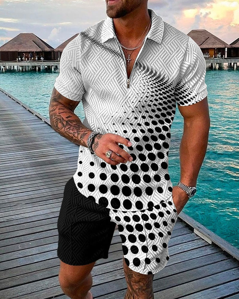 New Men's Fashion Casual Suit 3D Print Zip Short Sleeve Polo Shirt Shorts 2 Piece Set - Free Shipping - Aurelia Clothing