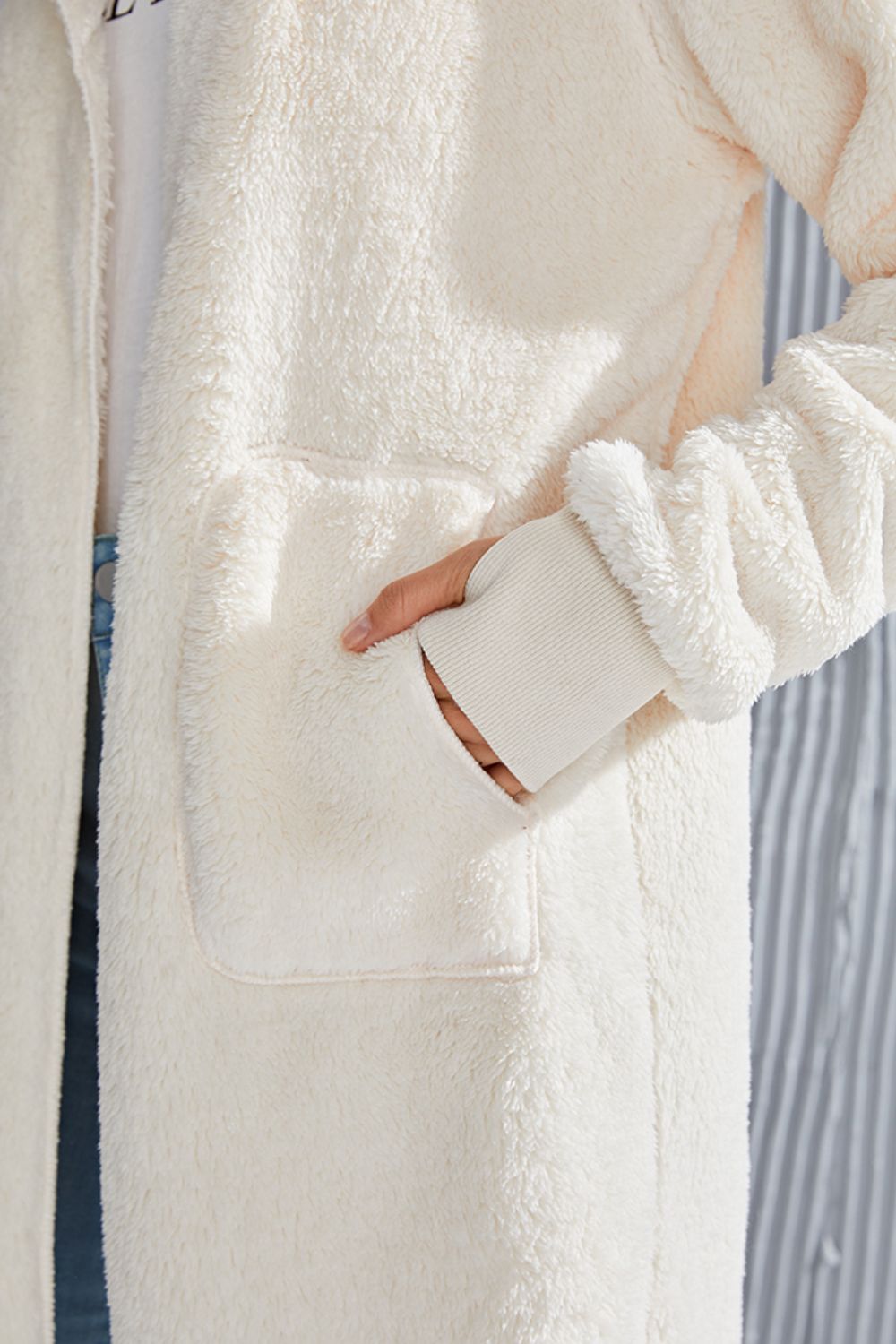 Double Take Full Size Hooded Teddy Bear Jacket with Thumbholes - Aurelia Clothing