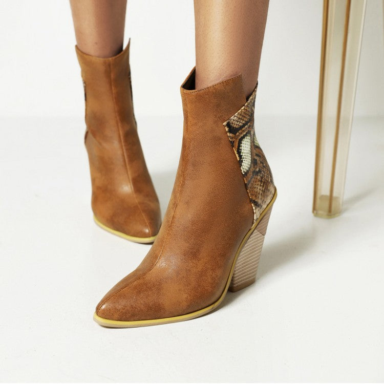 40-48 Coffee Rain Womens Boots Snake Print Colorblock High Heel Ladies Short Boots - Free Shipping - aurelia-clothing-8955