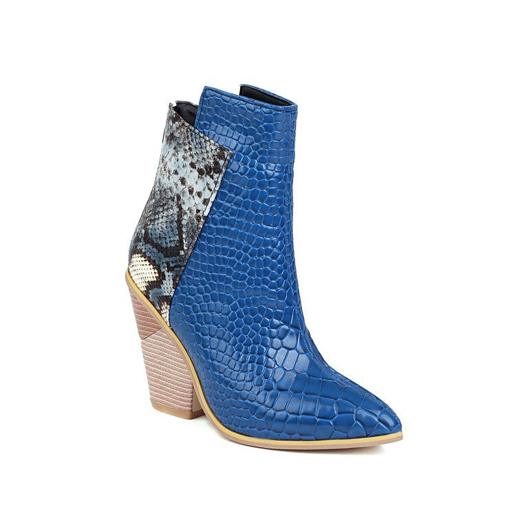 40-48 Coffee Rain Womens Boots Snake Print Colorblock High Heel Ladies Short Boots - Free Shipping - aurelia-clothing-8955