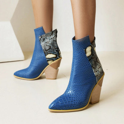 40-48 Coffee Rain Womens Boots Snake Print Colorblock High Heel Ladies Short Boots - Free Shipping - aurelia-clothing-8955