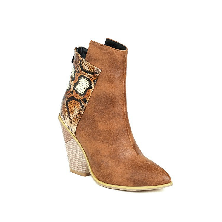 40-48 Coffee Rain Womens Boots Snake Print Colorblock High Heel Ladies Short Boots - Free Shipping - aurelia-clothing-8955