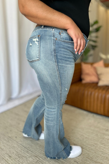 Judy Blue Full Size Medium Rise Tummy Control Destroy Flare - Free Shipping - Aurelia Clothing