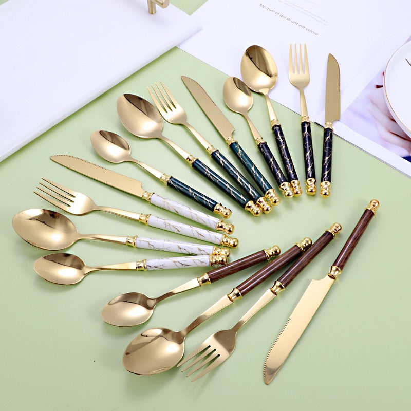 410 stainless steel knife, fork, spoon set, European style hotel Western tableware, golden dessert spoon set, 24 pieces - Free Shipping - aurelia-clothing-8955