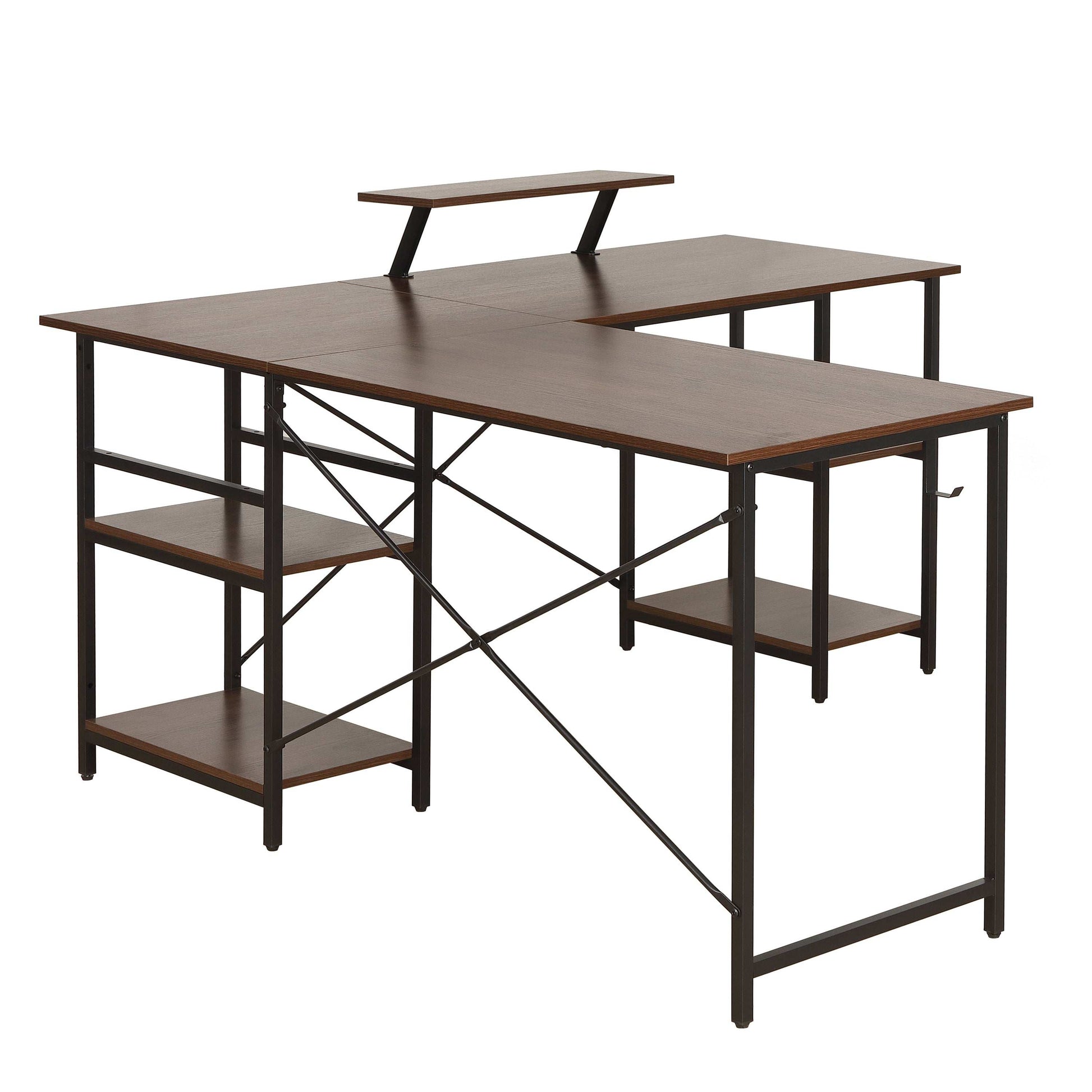 Techni Mobili L-Shape Industrial Desk with storage shelves, Walnut - Free Shipping - Aurelia Clothing