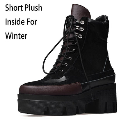Winter Cow Leather Lace-up Women Chunky Platform Genuine Leather Ankle Boots Spring Autumn Real Leather Short Boots - Free Shipping - Aurelia Clothing